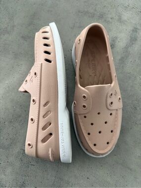 Sperry Breathable Slip-On Boat Shoes in Pale Pink and White